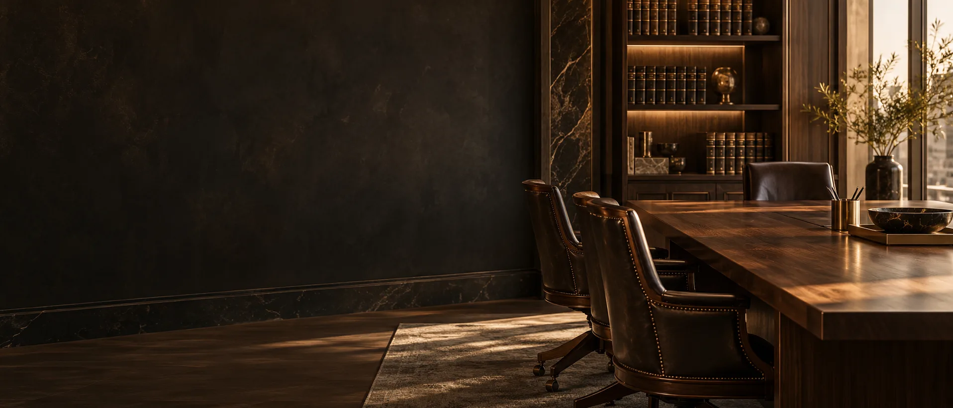 Sala de reuniones ejecutiva ilustrativa con mesa y biblioteca jurídica