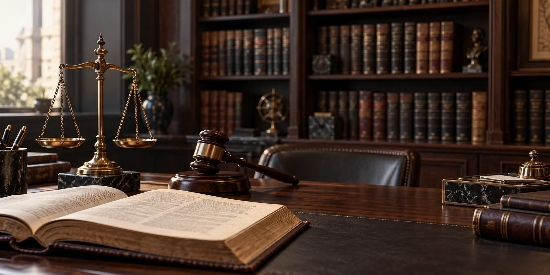 Escritorio jurídico con balanza de justicia, mazo, libro de derecho y biblioteca clásica