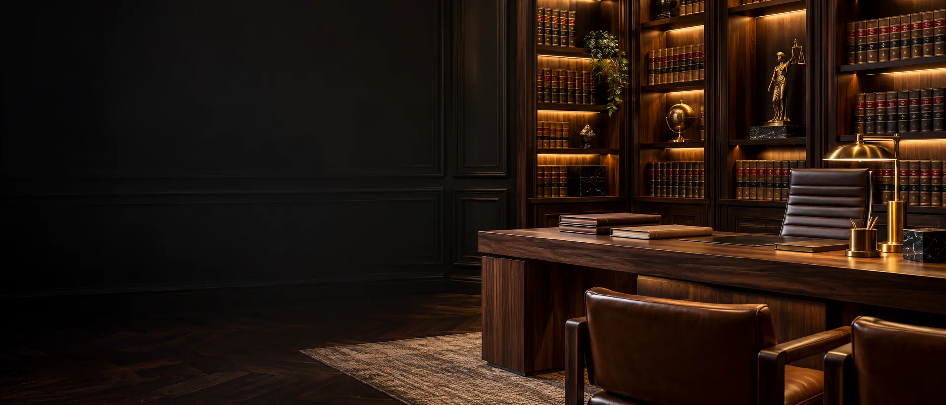 Biblioteca jurídica ilustrativa con escritorio y expedientes